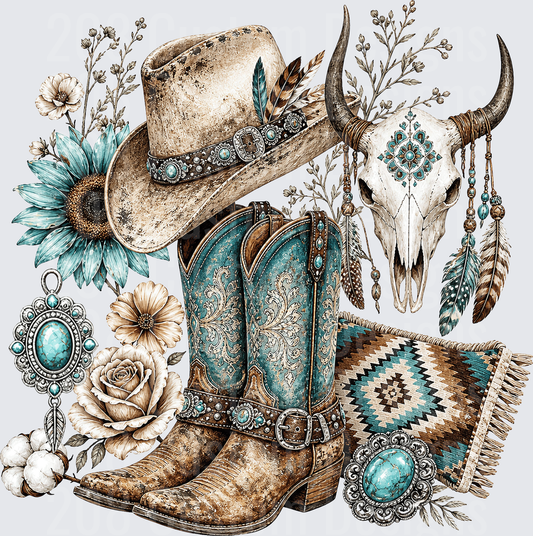 Boho Western Cowboy Boots Hat Bull Skull Turquoise Floral