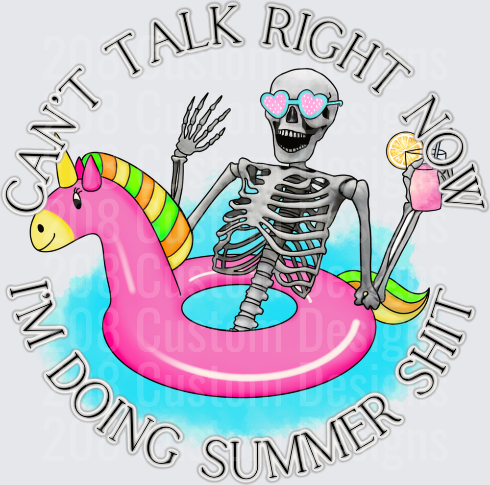 Skeleton in Heart Sunglasses on Rainbow Unicorn Pool Float Can't Talk Right Now I'm Doing Summer Shit