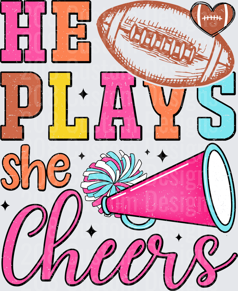 He Plays She Cheers Football Cheerleader Colorful Design