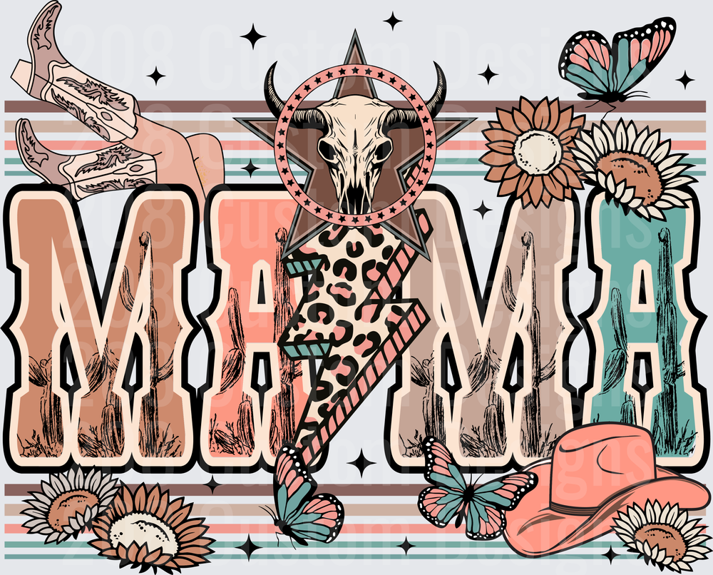 Mama Western Boho Bull Skull Cowboy Boots Sunflowers Butterfly
