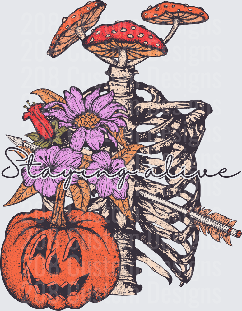 Staying Alive Skeleton Rib Cage Mushrooms Pumpkin Floral
