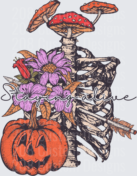 Staying Alive Skeleton Rib Cage Mushrooms Pumpkin Floral