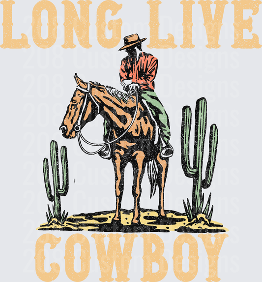 Long Live Cowboy Vintage Western Rider on Horseback Desert Scene