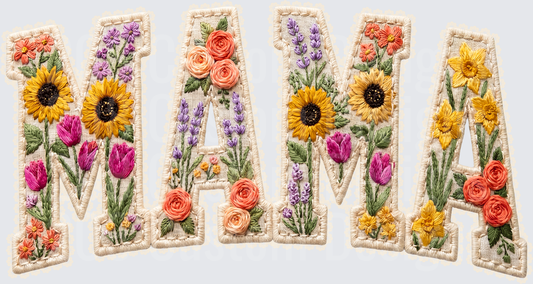 MAMA Embroidered Floral Letters with Sunflowers Roses Tulips