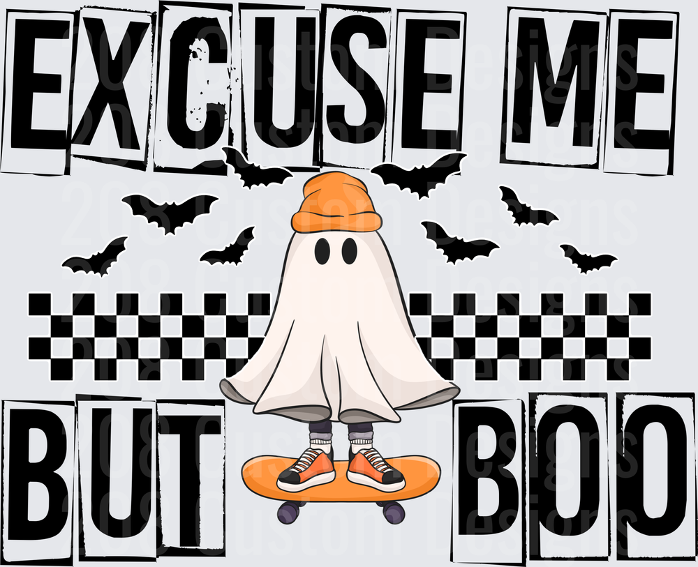 Excuse Me But Boo Skateboarding Ghost with Orange Beanie