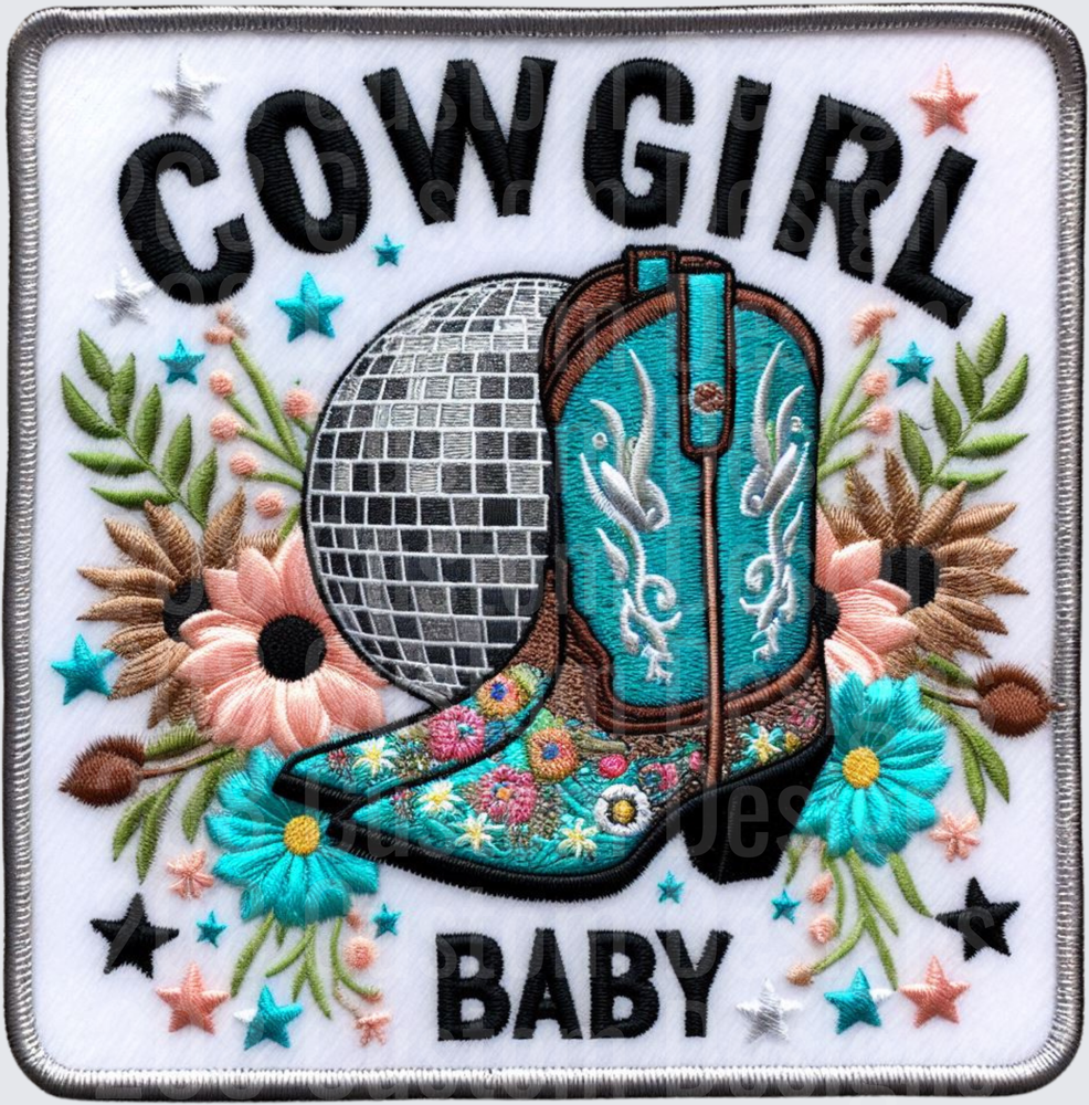 Cowgirl Baby Embroidered Patch with Disco Ball and Floral Design
