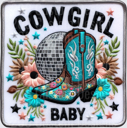 Cowgirl Baby Embroidered Patch with Disco Ball and Floral Design