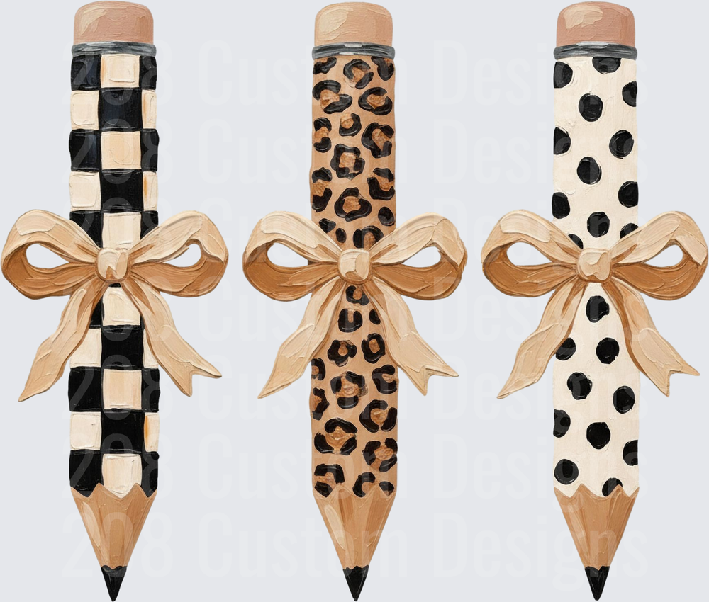 Three Fancy Pencils Checkered Leopard Polka Dot Bow Trio
