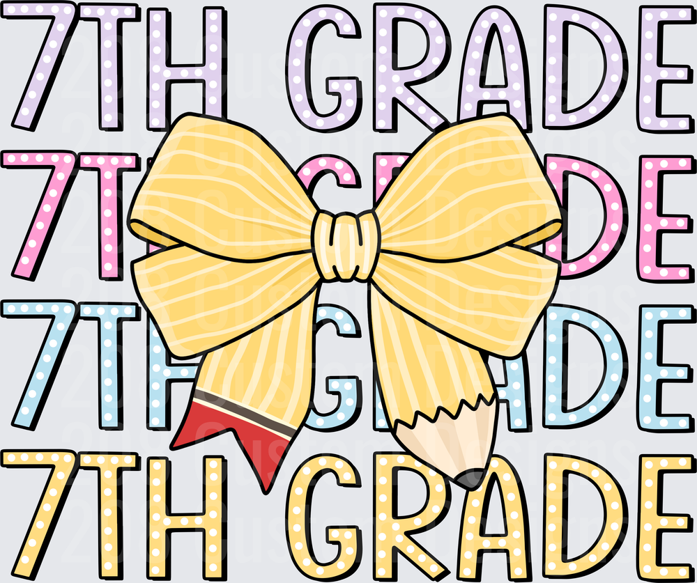7th Grade Stacked Polka Dot Text with Gold Bow and Pencil