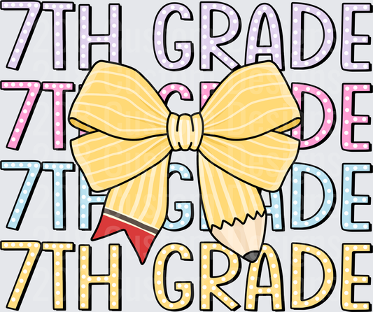 7th Grade Stacked Polka Dot Text with Gold Bow and Pencil