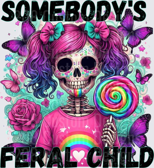Sugar Skull Feral Child with Rainbow Lollipop and Purple Butterflies