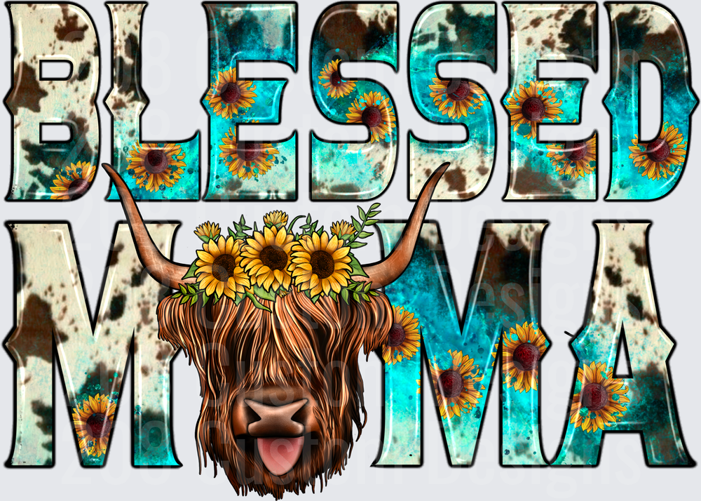 Blessed Mama Highland Cow with Sunflower Crown Turquoise