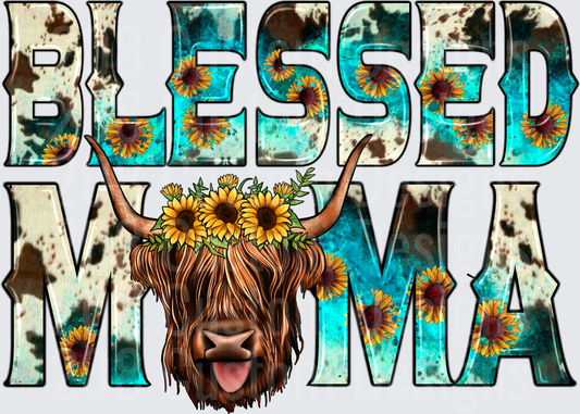 Blessed Mama Highland Cow with Sunflower Crown Turquoise