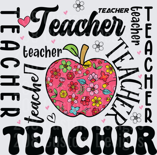 Floral Apple Teacher Word Cloud Typography Design