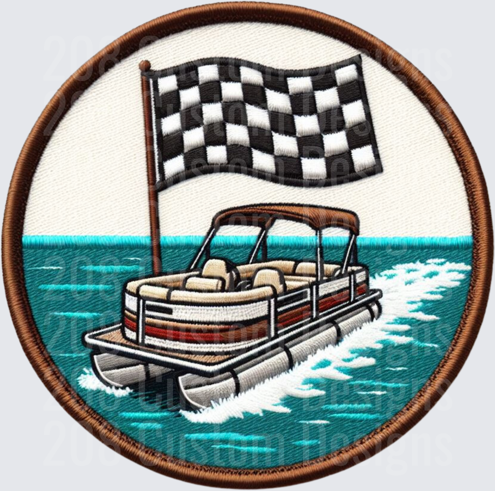 Racing Pontoon Boat with Checkered Flag Embroidered Patch