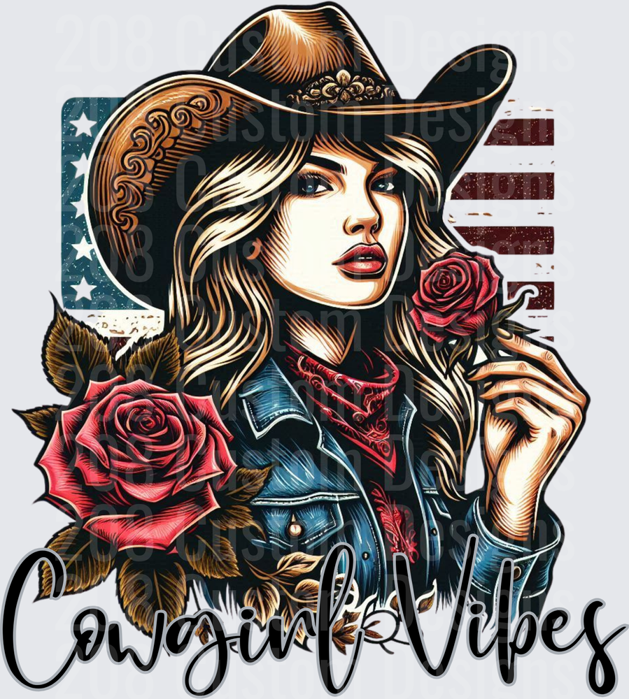 Cowgirl Vibes Country Western Woman with Roses and American Flag