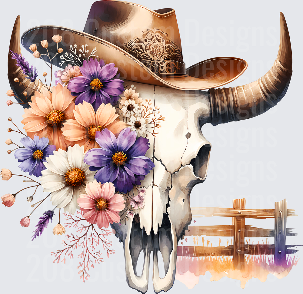 Western Bull Skull with Cowboy Hat and Wildflower Bouquet