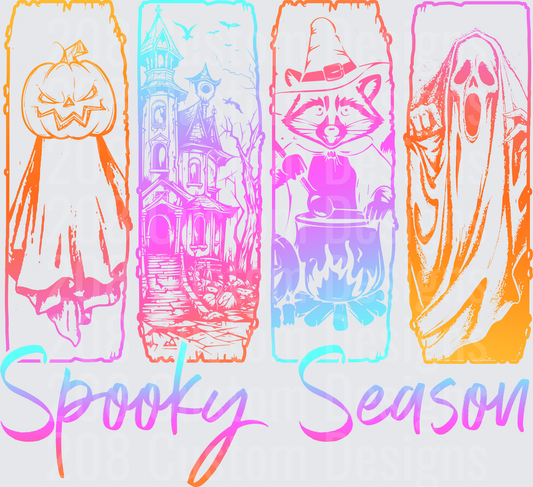 Spooky Season Halloween Four Panel Ghost Pumpkin Raccoon Witch Haunted House