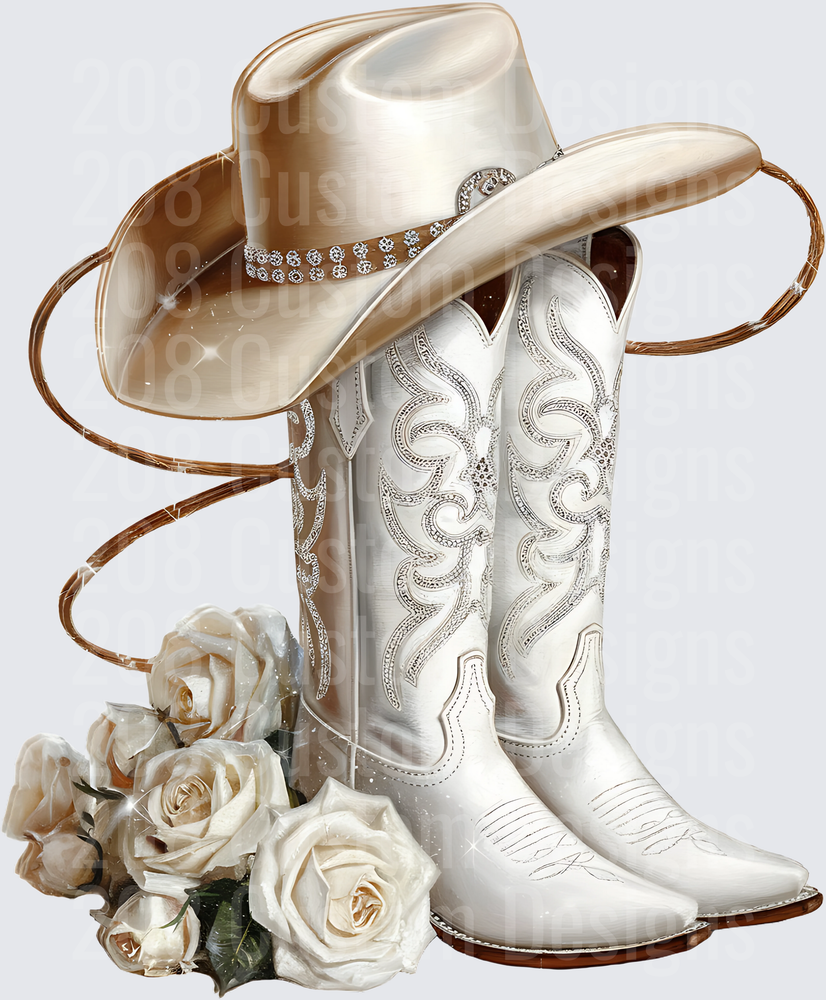 White Cowboy Boots Hat and Roses Western Bridal Design