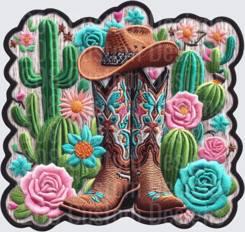 Western Cowboy Boots Hat Desert Cactus Roses Embroidered Patch