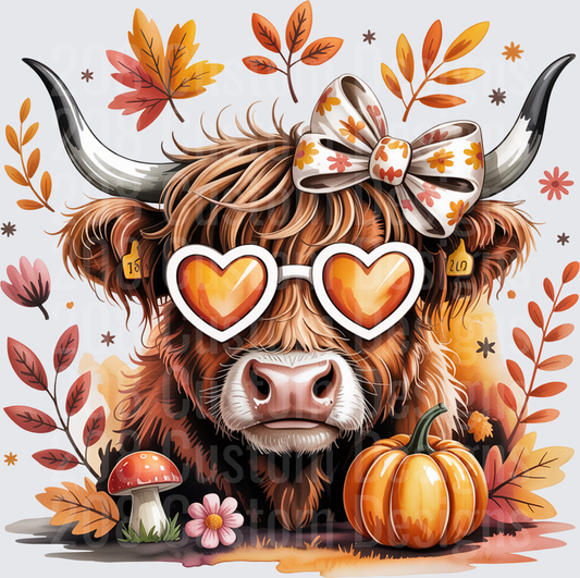 Cute Highland Cow with Heart Sunglasses Fall Autumn Leaves Bow