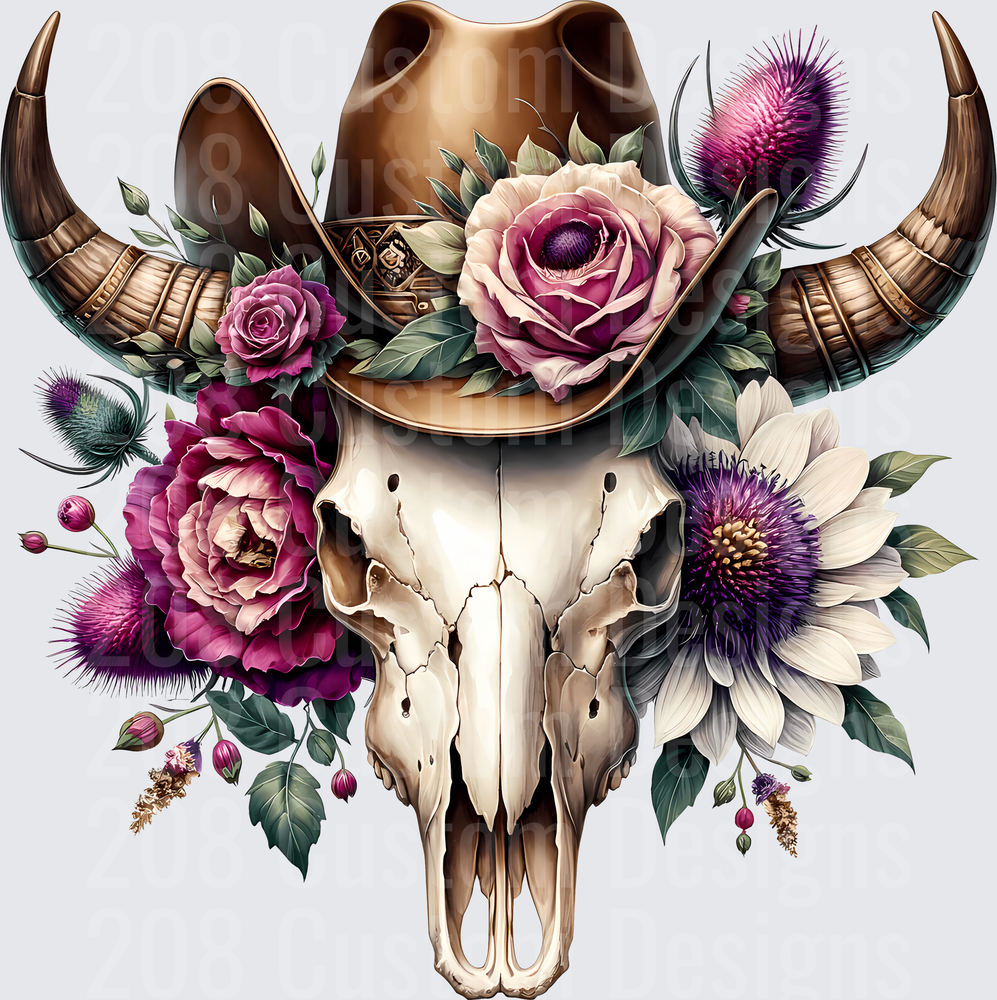 Boho Bull Skull with Purple Roses and Wildflowers