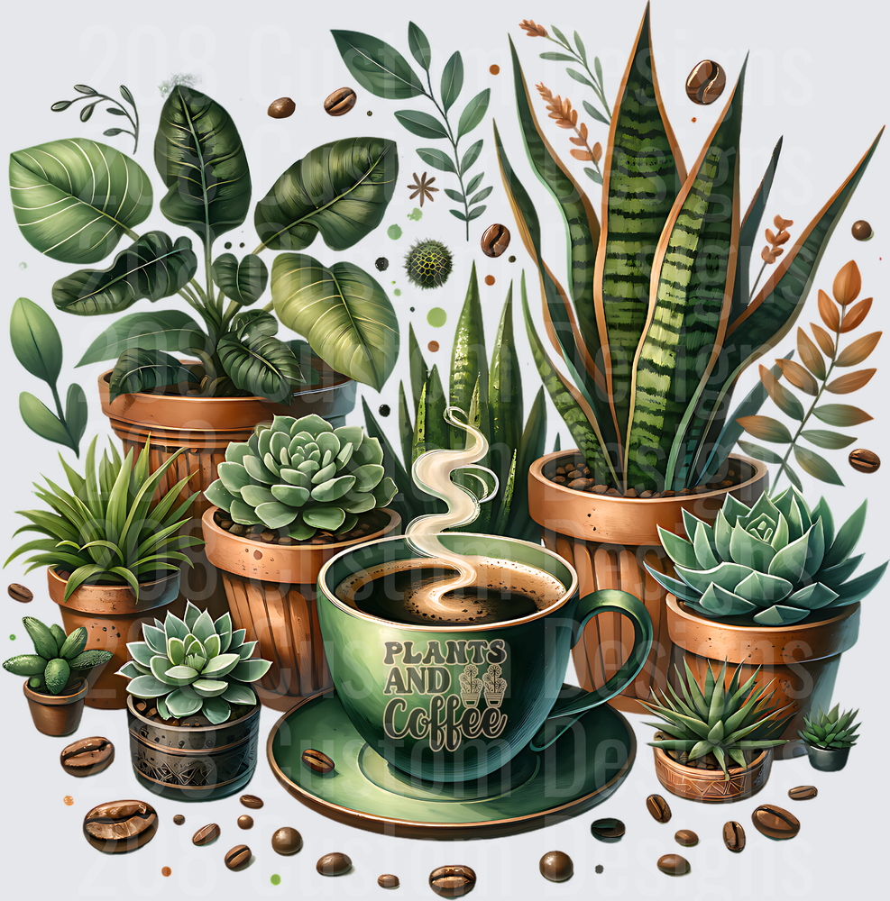 Plants and Coffee Green Cup with Succulents and Houseplants