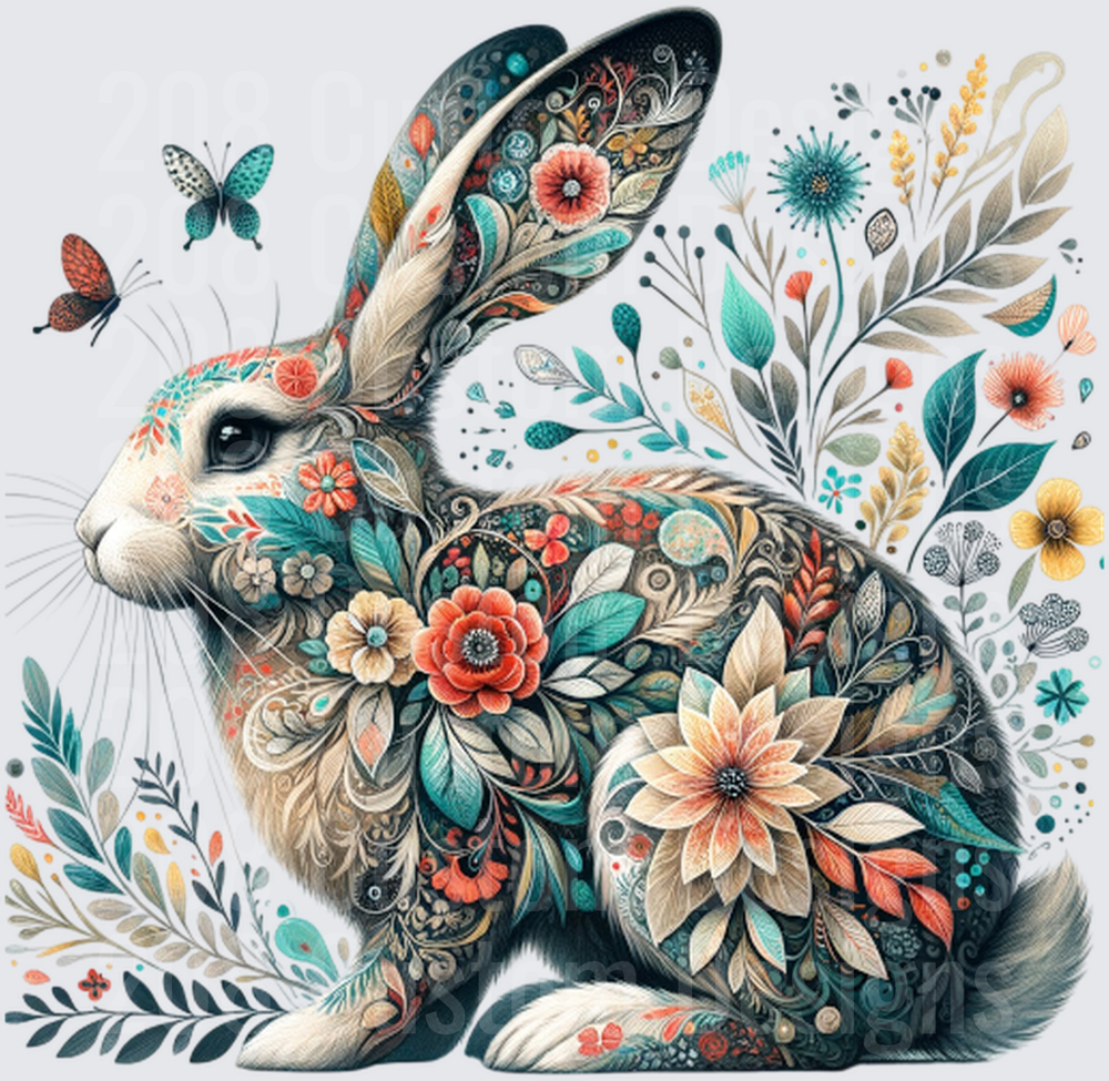 Floral Bohemian Rabbit with Decorative Patterns and Butterflies