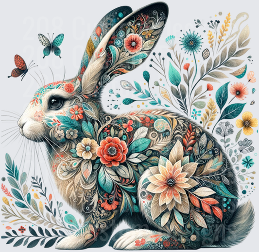 Floral Bohemian Rabbit with Decorative Patterns and Butterflies