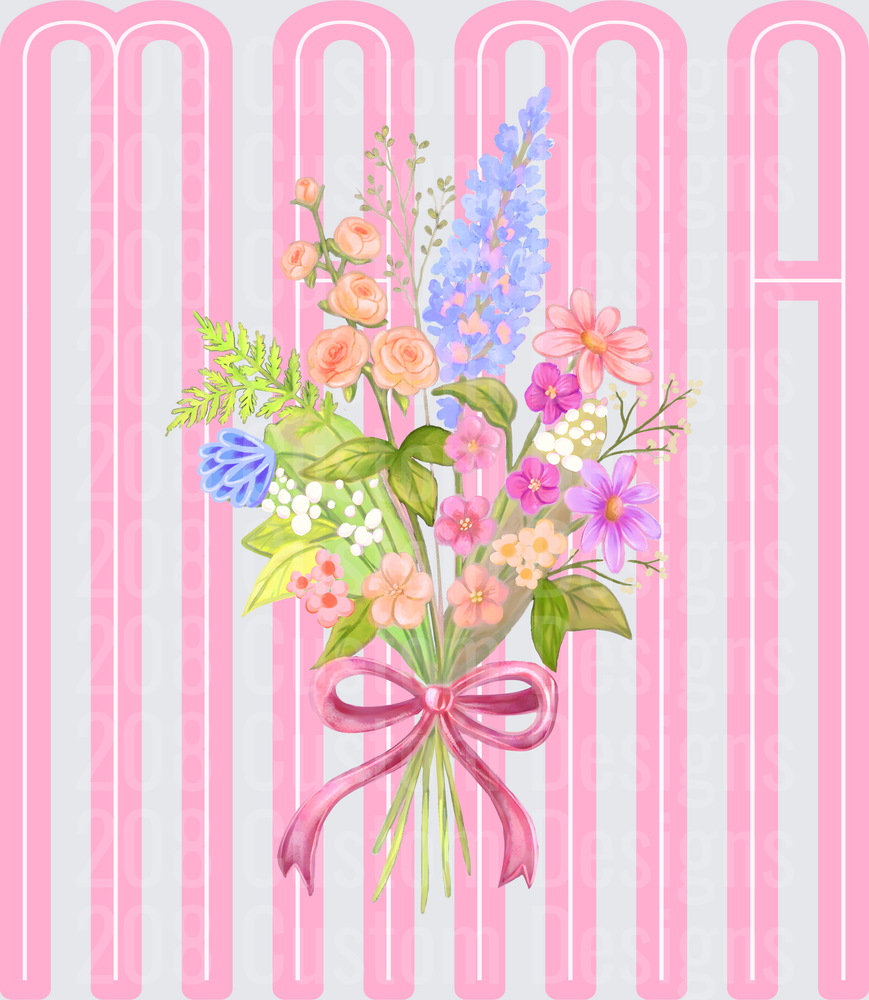 MAMA Floral Bouquet with Pink Ribbon on Pink Stripes