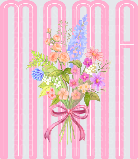 MAMA Floral Bouquet with Pink Ribbon on Pink Stripes