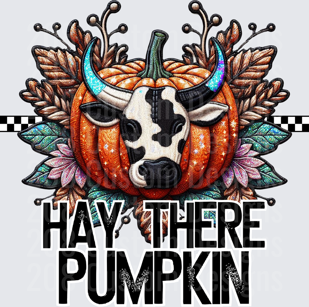 Hay There Pumpkin Cow Head Autumn Floral Embroidered Design