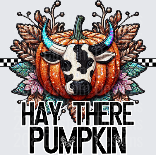 Hay There Pumpkin Cow Head Autumn Floral Embroidered Design