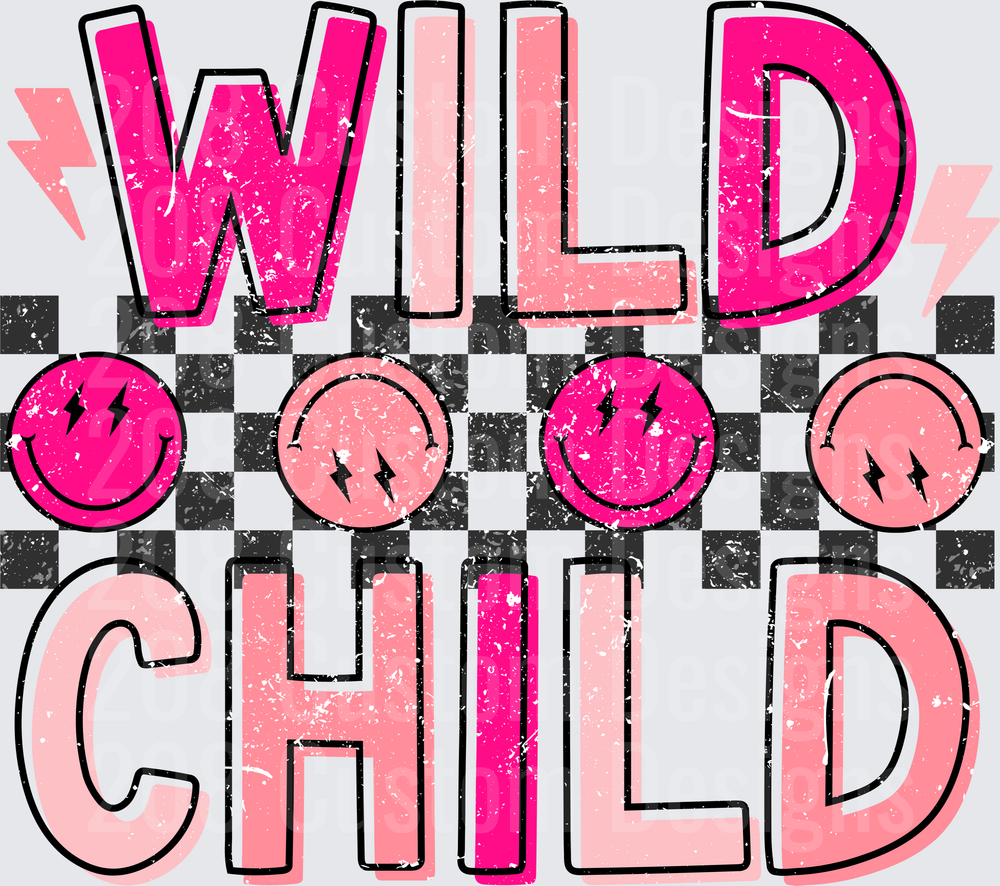 Wild Child Retro Pink Checkered Lightning Bolt Smiley Face