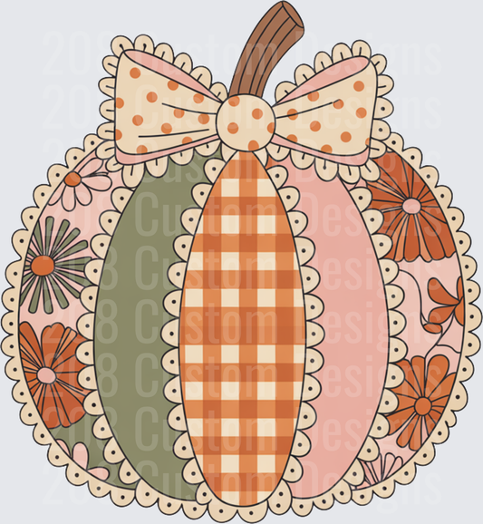 Boho Patchwork Pumpkin with Polka Dot Bow and Lace Edge