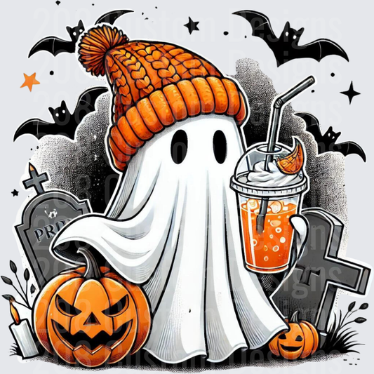 Cute Halloween Ghost Orange Beanie Iced Drink Graveyard Bats