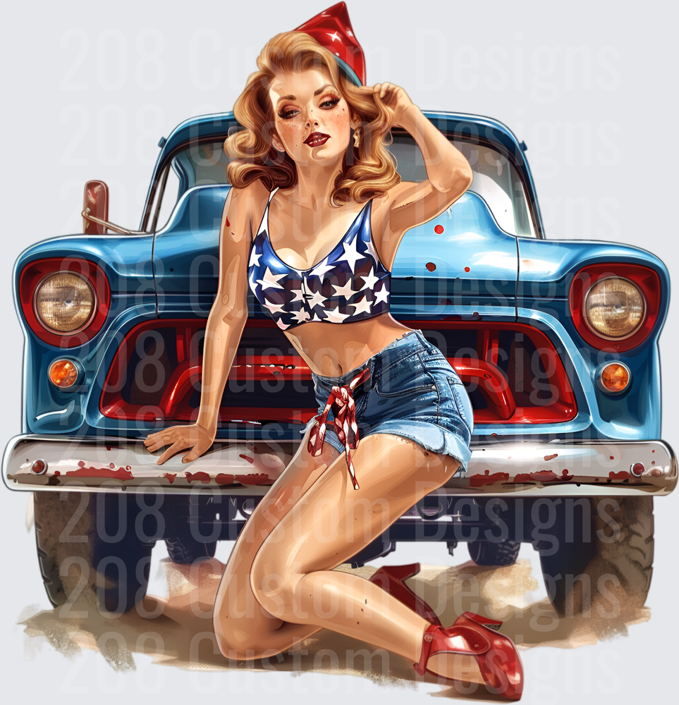 Patriotic Pin-Up Girl with Classic Blue Pickup Truck