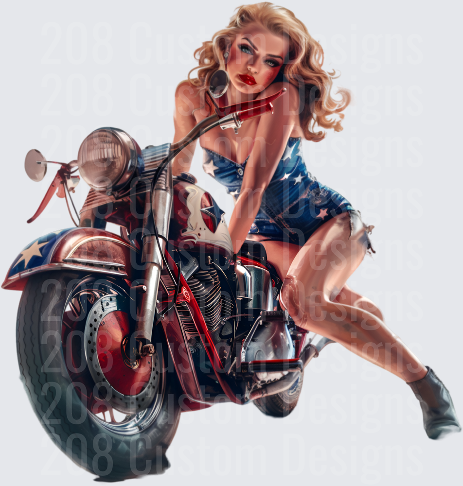 Patriotic Pin-Up Girl on Red White Blue Motorcycle