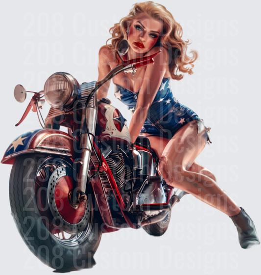 Patriotic Pin-Up Girl on Red White Blue Motorcycle