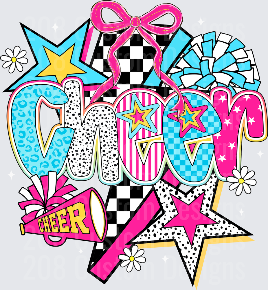 Retro Cheer Mixed Pattern Bold Text Pom Poms Pink Bow Stars