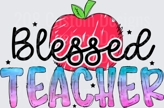 Blessed Teacher Red Apple Watercolor Lettering Stars