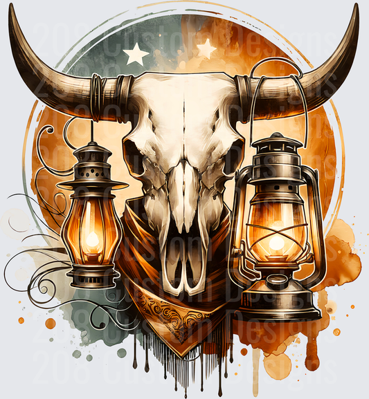 Western Bull Skull with Vintage Oil Lanterns and Ornate Bandana