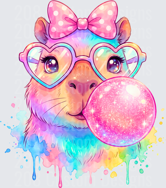 Rainbow Watercolor Llama with Heart Glasses Pink Bow Bubble Gum
