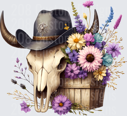 Bull Skull in Cowboy Hat with Wildflower Bouquet and Wooden Crate