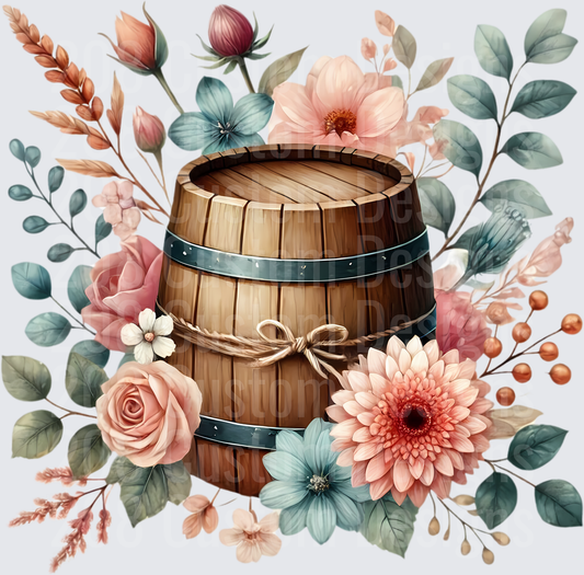 Rustic Wooden Barrel with Coral Pink and Teal Floral Bouquet