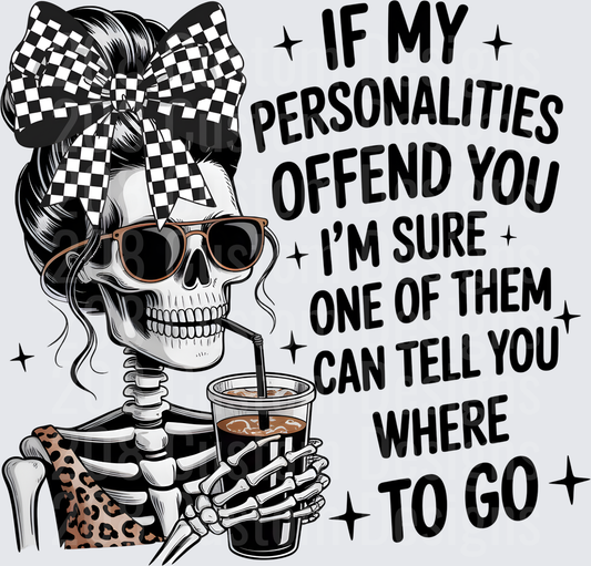 Sassy Skeleton Girl with Checkered Bow Drinking Coffee Sarcastic Quote