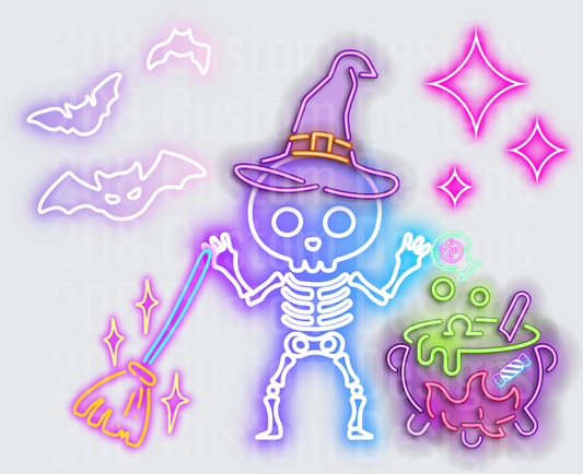 Neon Glow Halloween Skeleton Witch Bats Cauldron Broom