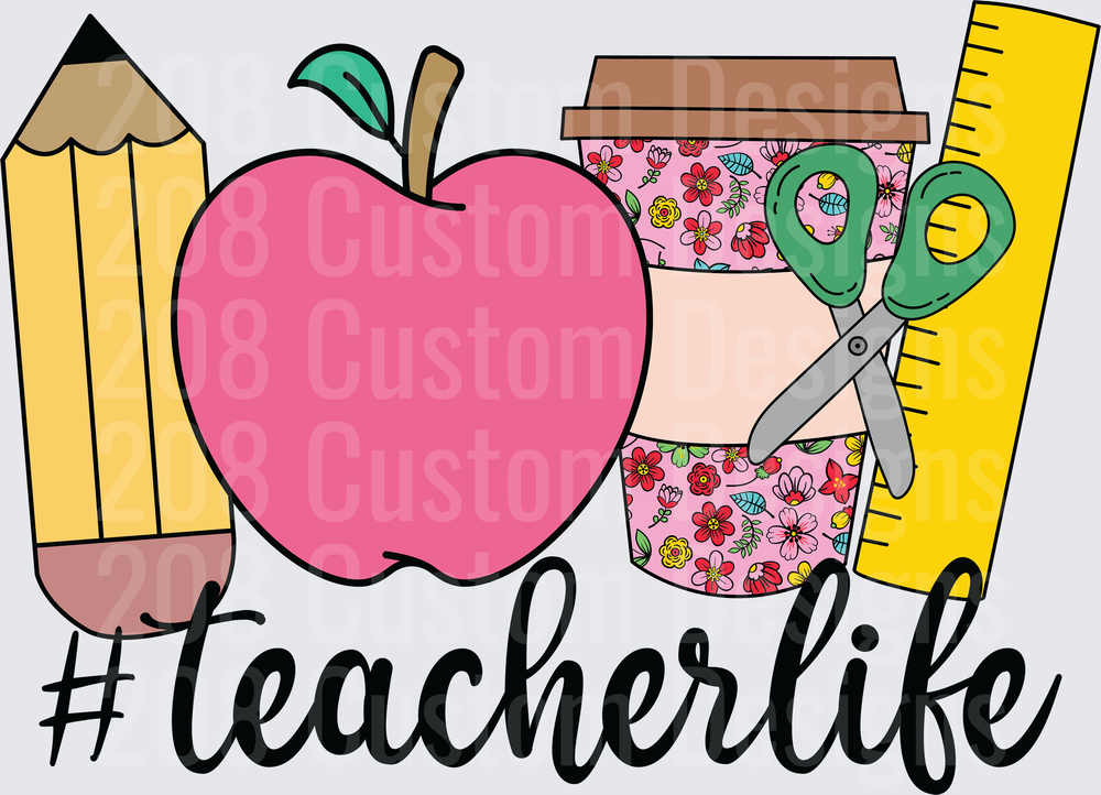 #TeacherLife Pencil Apple Floral Coffee Cup Scissors Ruler