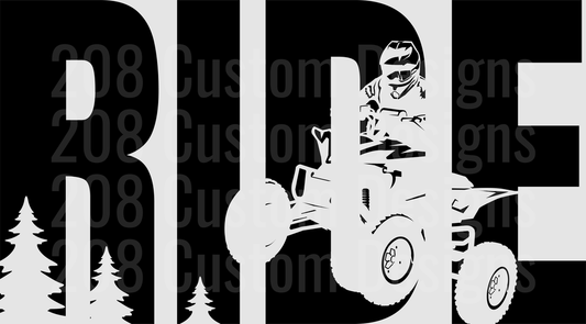 RIDE Text with ATV Rider and Pine Trees Silhouette