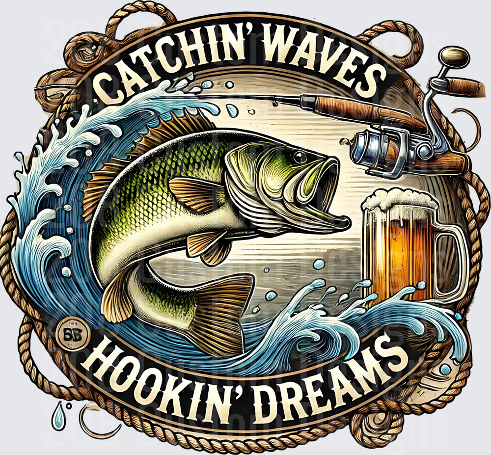Catchin' Waves Hookin' Dreams Bass Fishing Beer Rope Circle